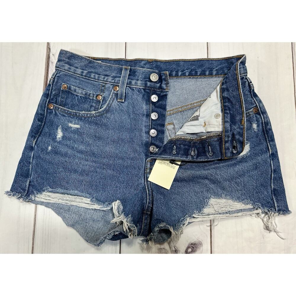Levi's 501 Premium‎ Shorts Women Sz 27 Button Fly Distressed Denim High Rise NWT - Picture 4 of 7
